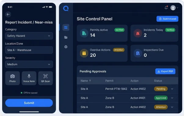 Interface showing mobile reporting and web dashboard
